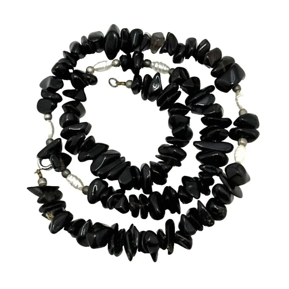 Vintage Black Onyx Quartz Bead Necklace Faux Pearl 925 Sterling Silver Clasp 19
